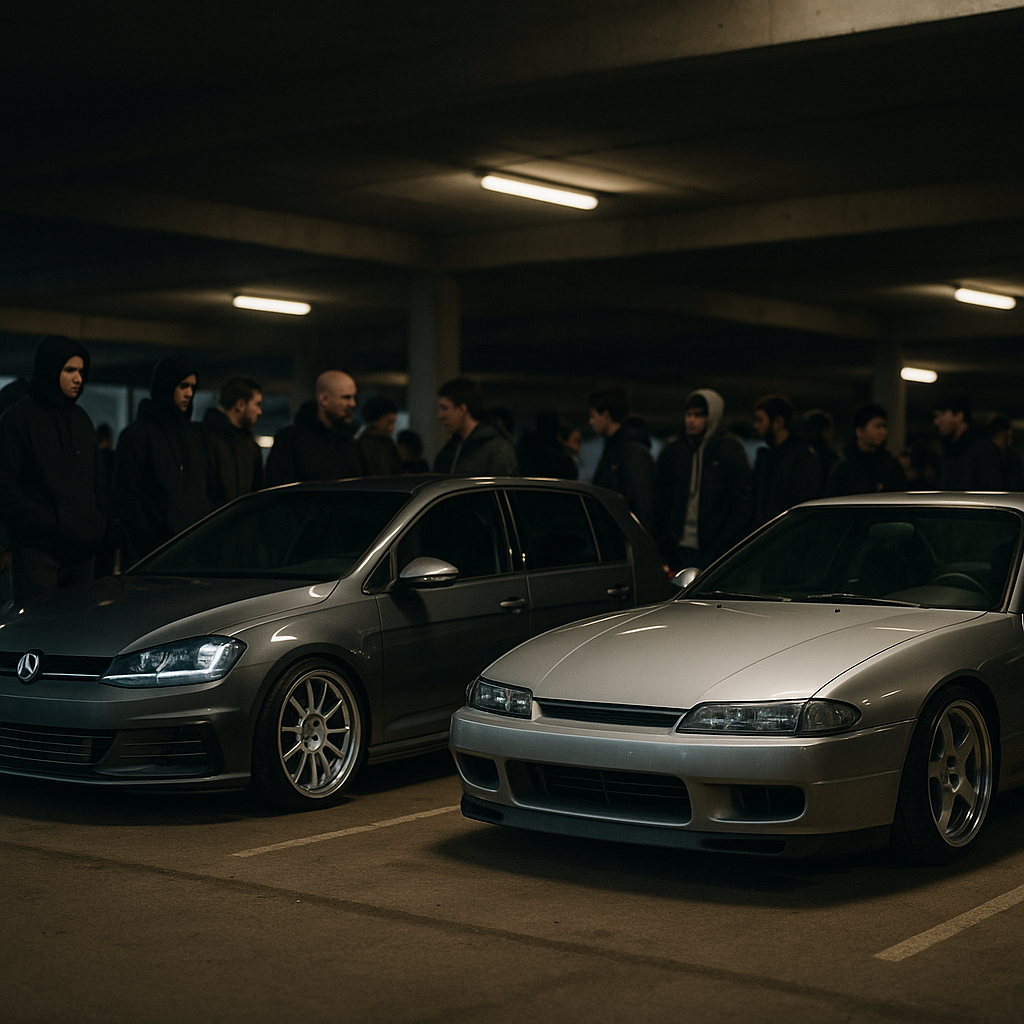 Modified turbo hatchback and Japanese coupe at a meet showing street racing 101 style