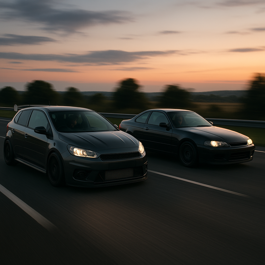 Modified performance cars cruising at speed reflecting online trends shaped by search engine tuning