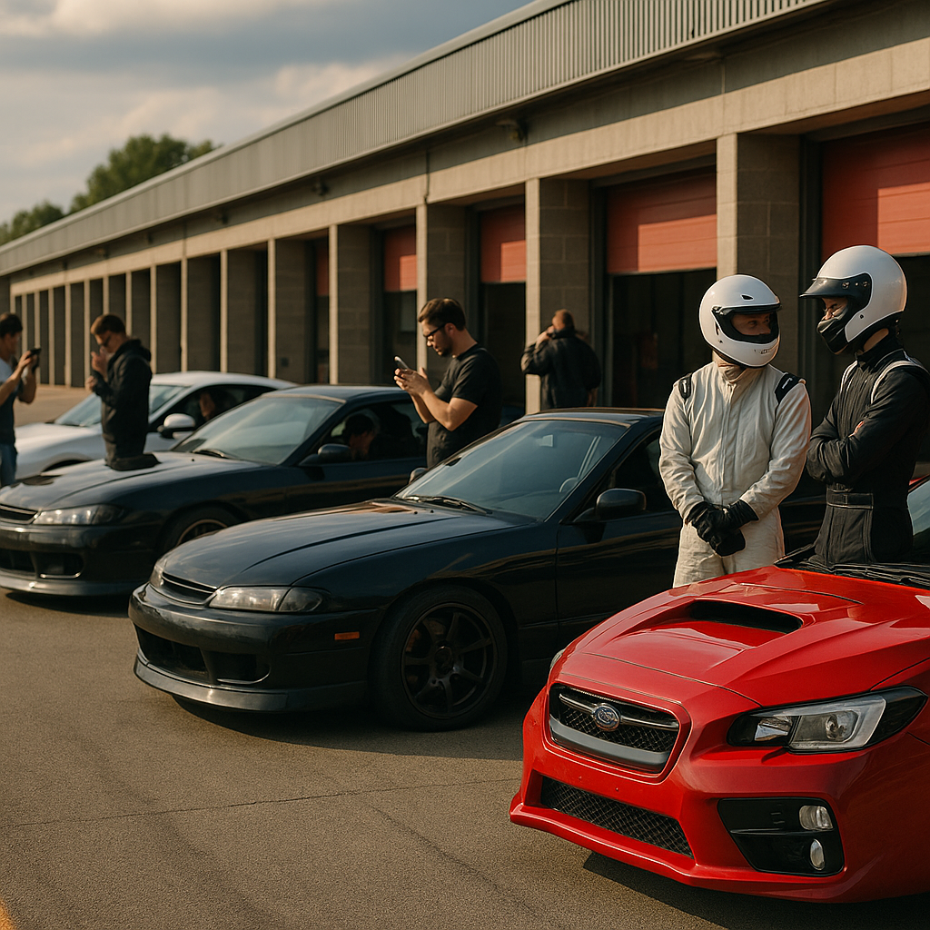 Motorsport fans at a track day documenting tuned cars influenced by search engine tuning