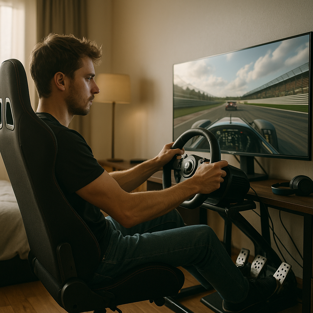 Home sim racing rig used by car enthusiasts to practise driving skills