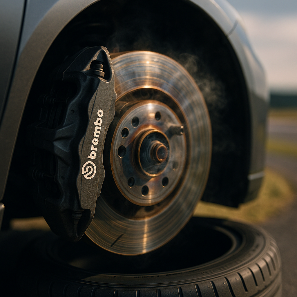 Close-up of Brembo brake disc on an affordable track day car during a UK circuit session