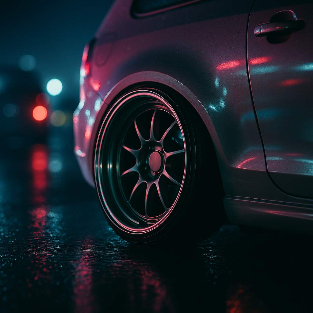Close-up of flush alloy wheel fitment on a modified car at a UK car meets 2026 event