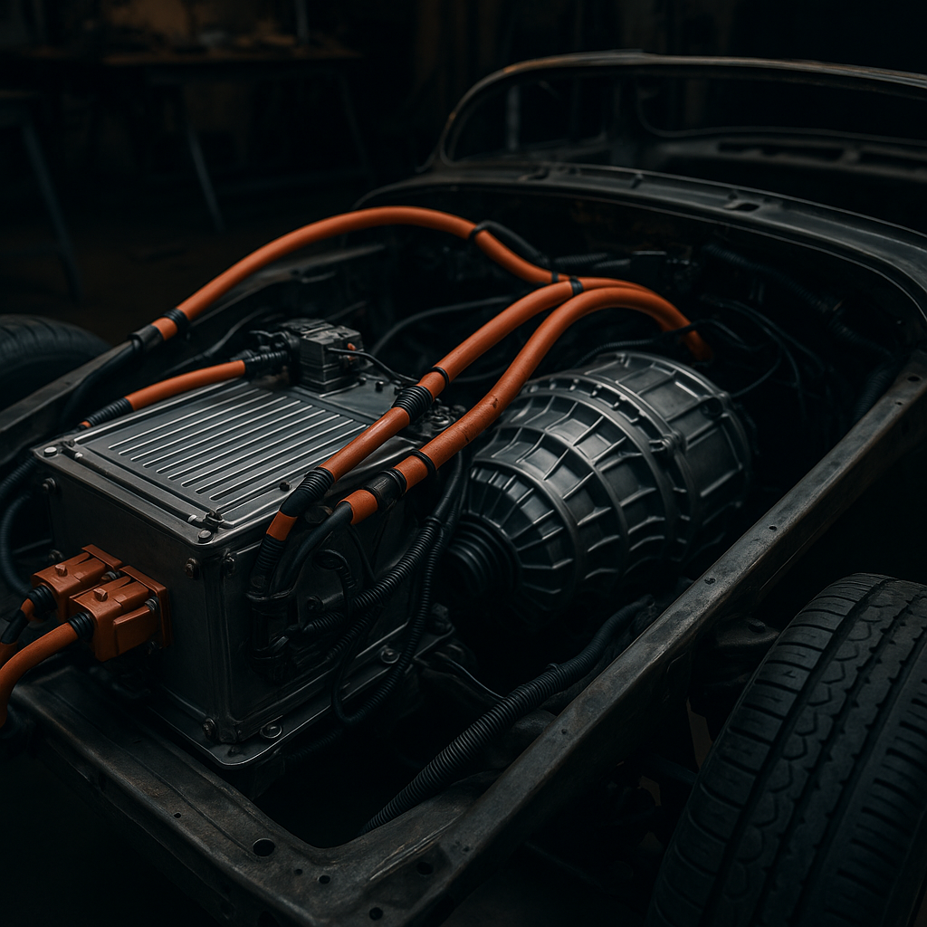 Electric motor and battery pack conversion inside a classic car chassis representing electric street racing cars 2026 builds