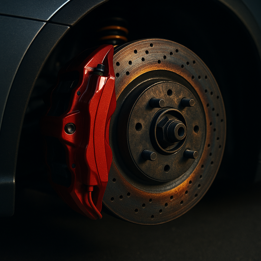 Upgraded brake discs and callipers on a street legal track car showing heat marks and track preparation detail