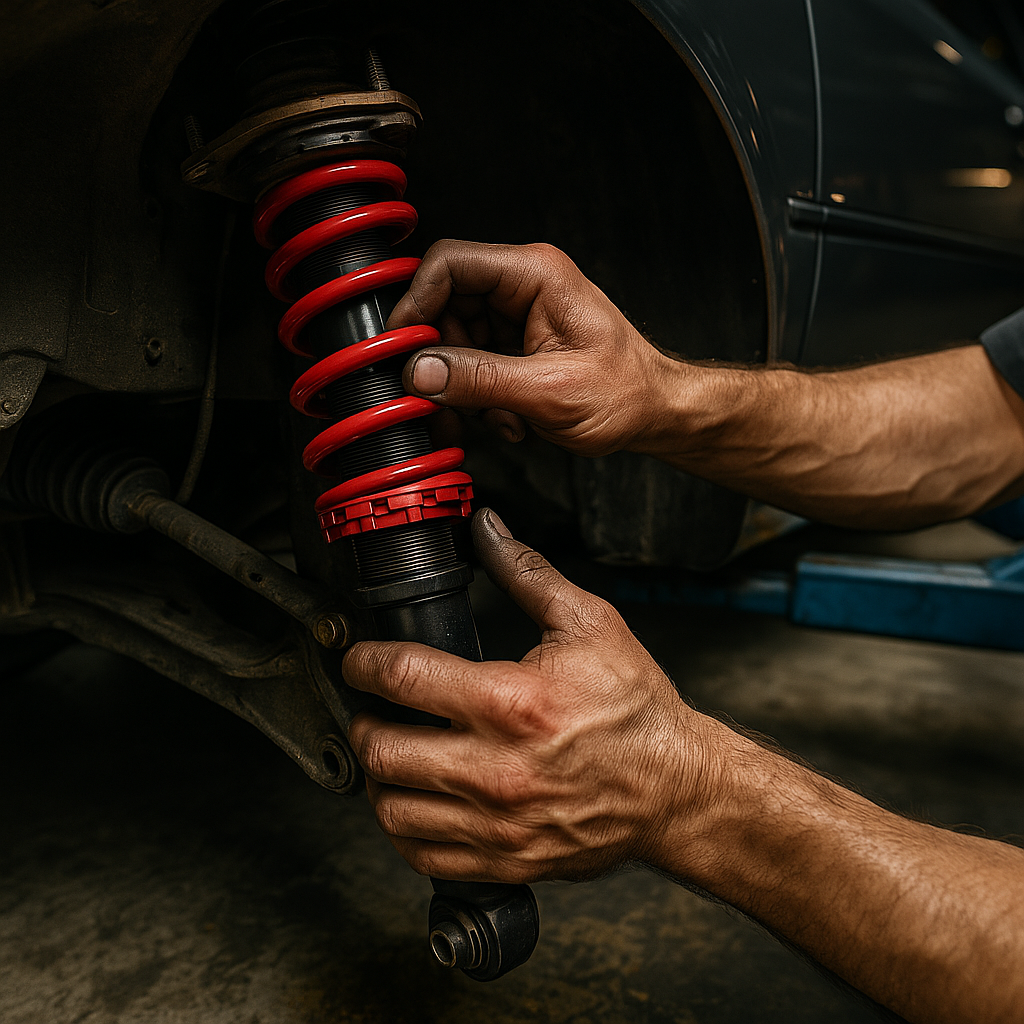 Mechanic inspecting coilover suspension on modified car relevant to dvla modified car rules uk 2026