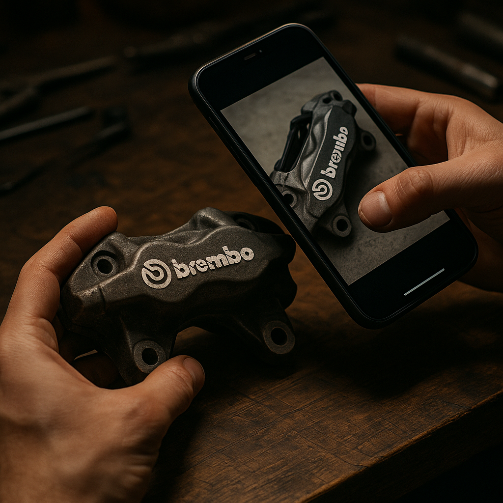 Close inspection of secondhand performance car parts brake caliper checking for counterfeit signs