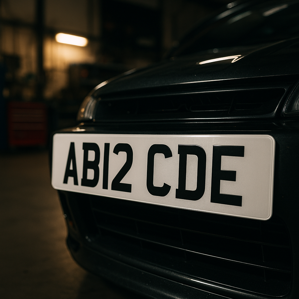 Close-up of a personalised number plate in the UK car scene