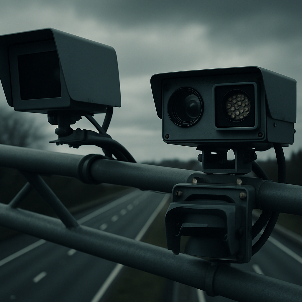 Close-up of average speed camera UK ANPR unit mounted on motorway gantry