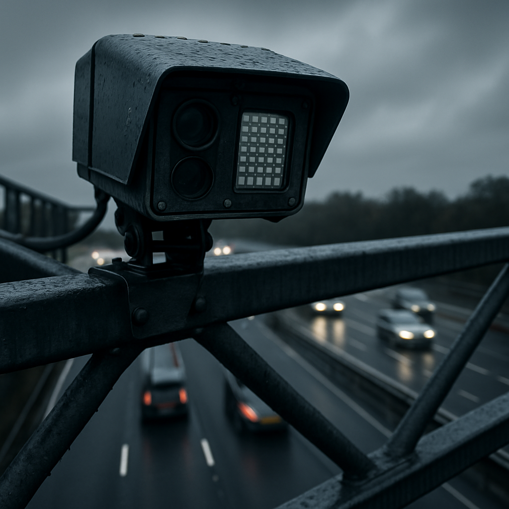 Close-up of UK average speed camera on motorway gantry, key equipment for UK speed cameras modified cars 2026
