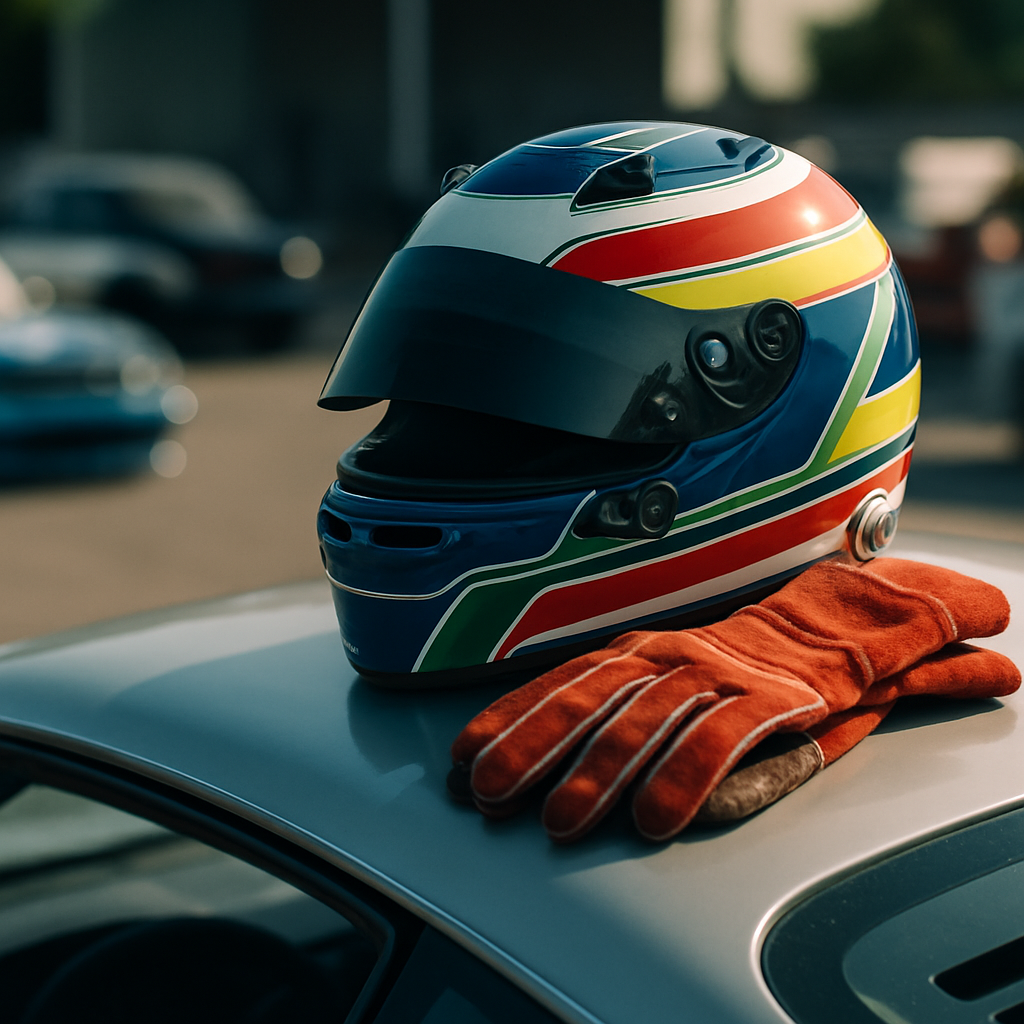 Motorsport safety kit including helmet and gloves at a grassroots motorsport UK beginners event paddock